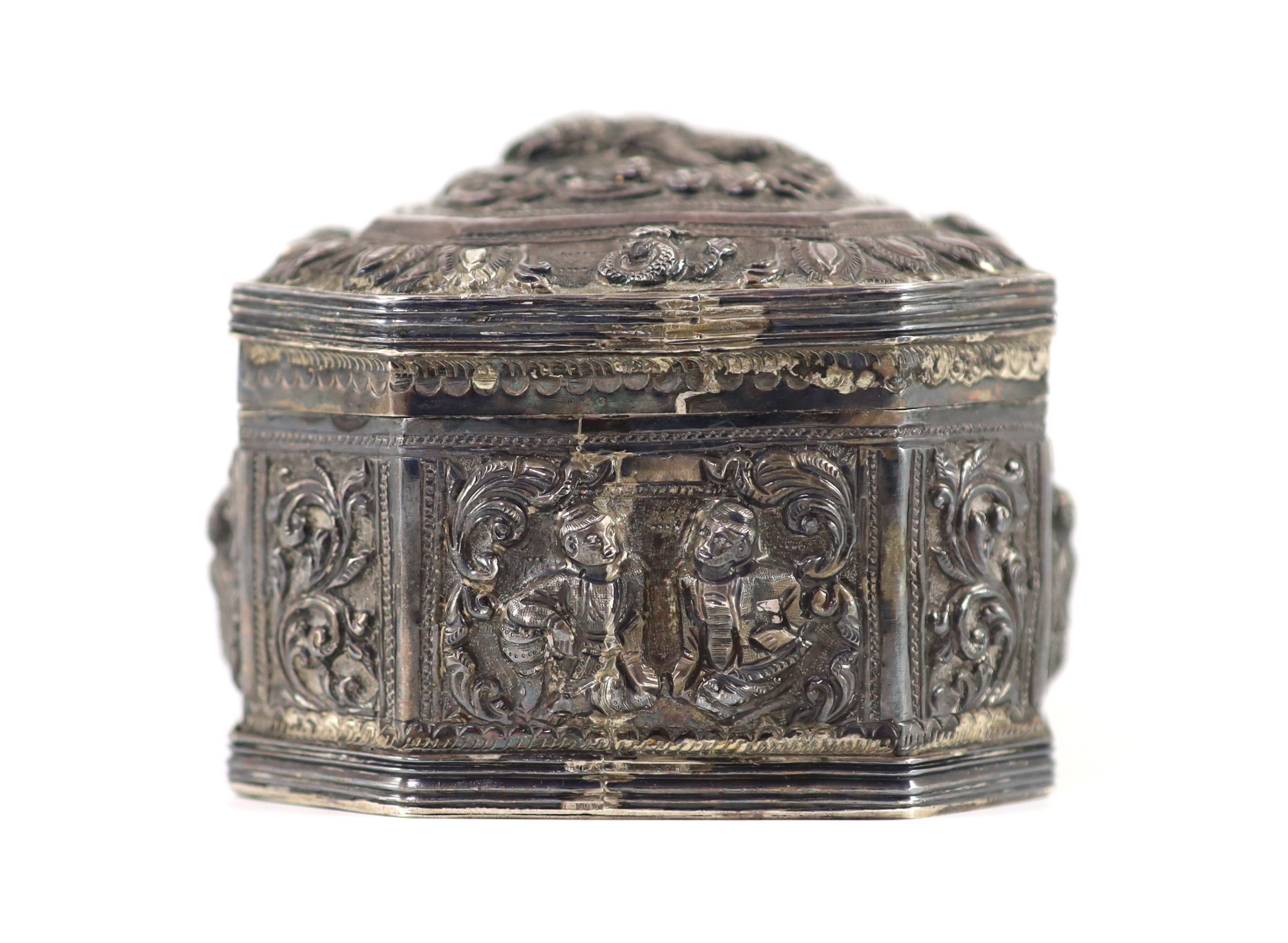 A Burmese embossed silver octagonal box and cover